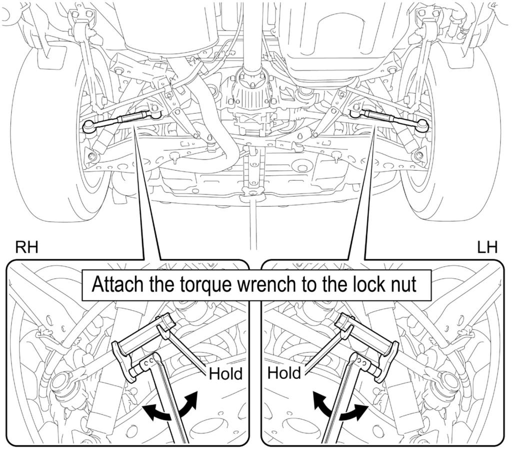 5. CHECK THE OUTBOARD LOCK NUT FOR LOOSENESS (lock nut closest to ball joint) a) While holding the adjusting tube with a wrench, check for looseness in the outboard lock nut using a torque wrench