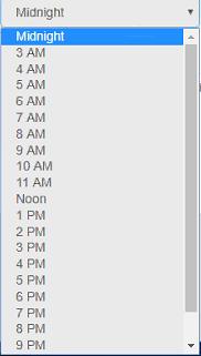 In the ELD STARTING HOUR field, click the dropdown menu to display time options. Note: The ELD STARTING HOUR field defaults to Midnight.