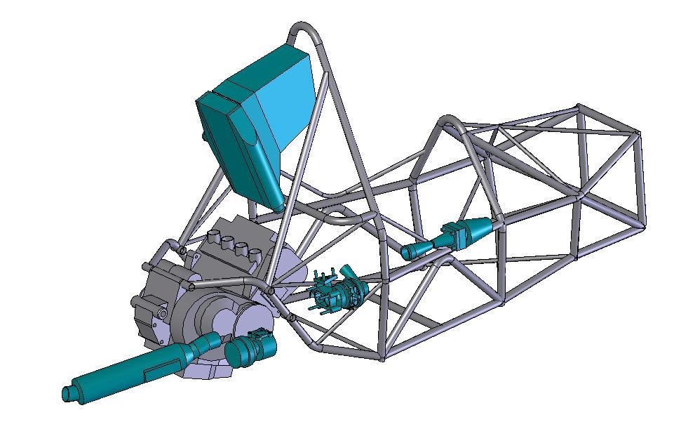 Figure 5.9 Major components in locations for final layout. (Modeled by D. Curran, engine/chassis by FSAE) 5.