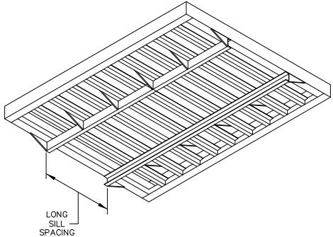 OPTIONAL LONG STANDARD LONG SILLS INSTALLED AT OPTIONAL SPACING TO ACCOMMODATE CHASSIS OTHER THAN THE STANDARD 34 INCH WIDTH (STD. 38" ON 7 AND 8 FOOT PLATFORMS).