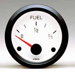FUEL GAUGE, electrical Suitable for use with most petrol and diesel fuel. Illumination 12V and 24V included. Cockpit White Fuel Gauge Part No. Range Size Voltage 301.