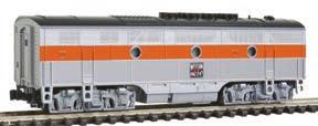 98 N EMD F3A Late w/f7-style Grilles - Standard DC Kato. DCC friendly mechanism, 5-pole motor, all-wheel electrical pickup, blackened wheels and Kato magnetic knuckle couplers.