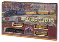 A 2-8-0 steam loco with tender leads 3 old-time passenger cars around an E-Z Track oval. Includes power pack. 160-710 Black Loco, Yellow Cars Reg. Price: $249.00 Sale: $169.