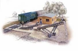 Packed with detail, the kit is complete with a railcar loading area with safety harness beam, two conveyors, truck fuel tank, main office and guard shack, along with mixing bin, piping,