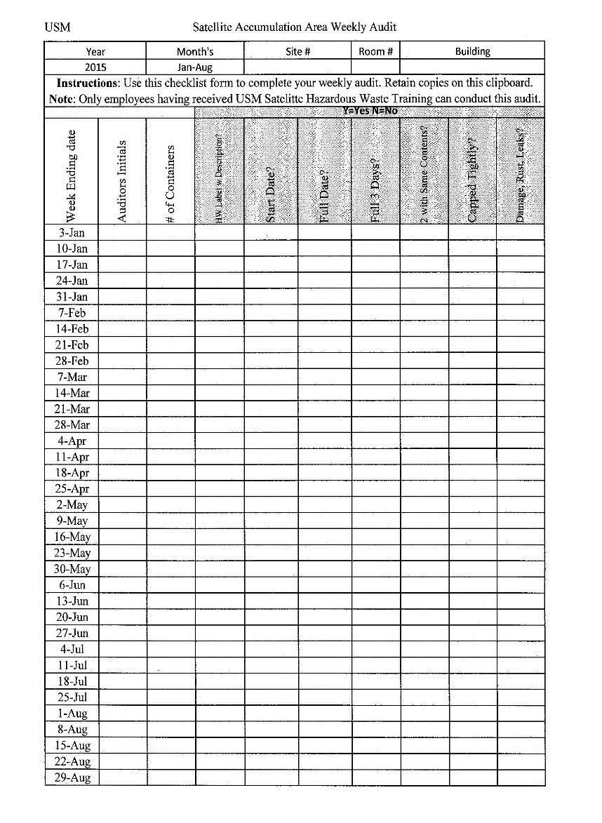 Weekly SAA Inspection Sheet These SAA checklists must be filled out weekly.