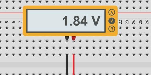 Click on the letter V in the meter to measure the voltage. The meter will read that the voltage going through the circuit is 1.88 volts. The circuit is powered by three 1.