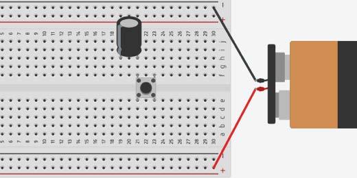 Place the Polarized capacitor in the top half of the breadboard. Leave three columns to connect jumper wires.