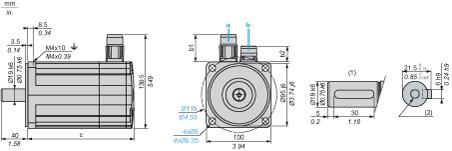 Dimensions Drawings Servo Motors Dimensions Example with Straight Connectors a: Power supply for servo motor brake b: Power supply for servo motor encoder (1) Shaft end, keyed slot (optional) (2) For