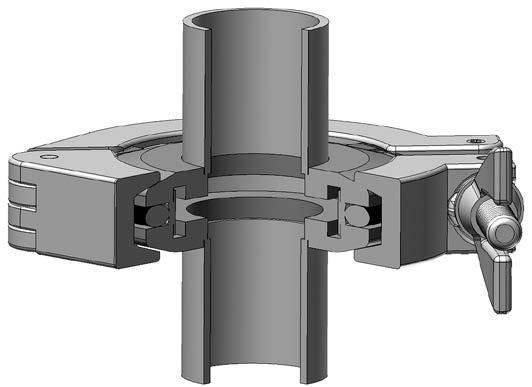 The mating flange surfaces compress a FKM O-ring held in place by a centering ring.
