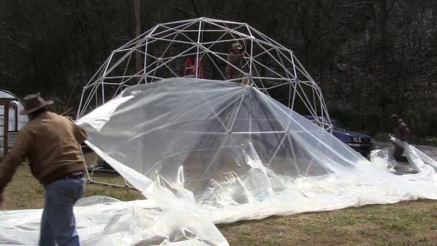 Raising the Cover over the Dome: For the larger domes, you may want to tie a rope on the center of the leading edge of