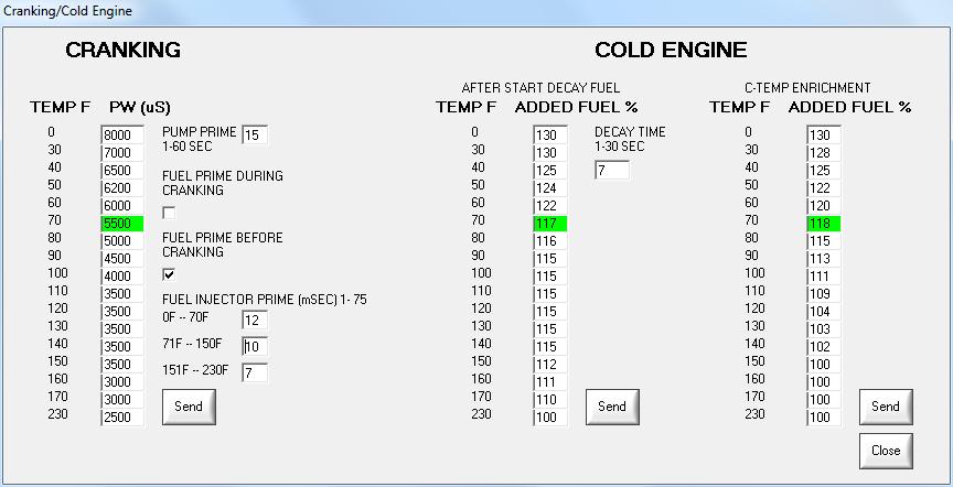 DASHBOARD - CRANK / COLD ENGINE SETTINGS The Crank / Cold Engine settings alter fuel calculations dependent on coolant temperature.