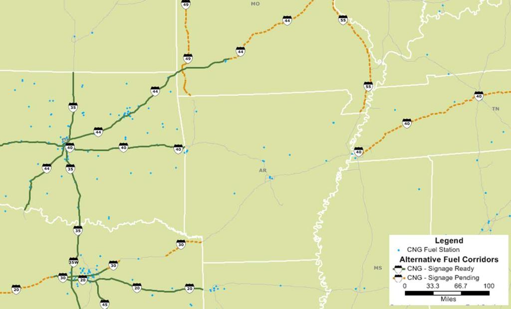 Figure C-1 CNG Alternative Fuel Corridors in States Adjacent to Arkansas 1 A CNG alternative fuel corridor could be established along Interstate Forty by the addition of a CNG station somewhere