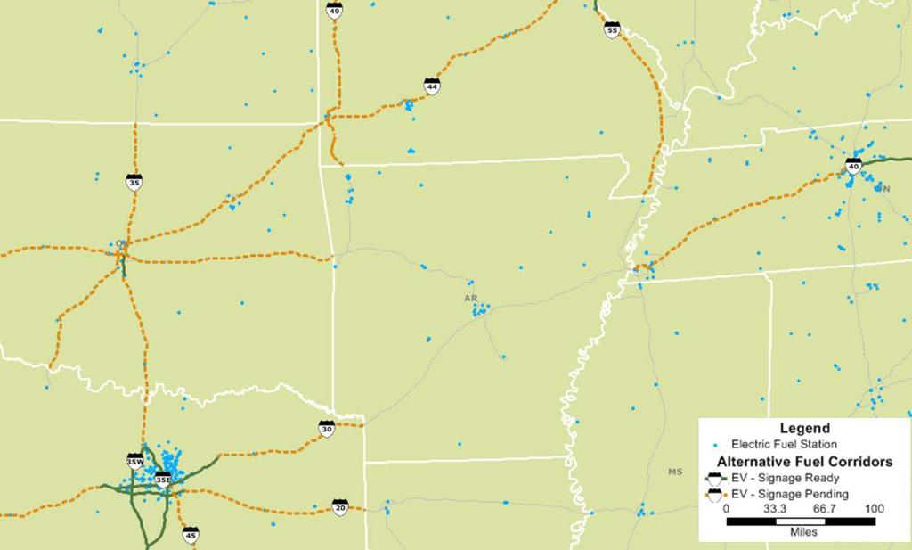 locations of designated EV alternative fuel corridors and locations where states are working toward EV alternative fuel corridors.