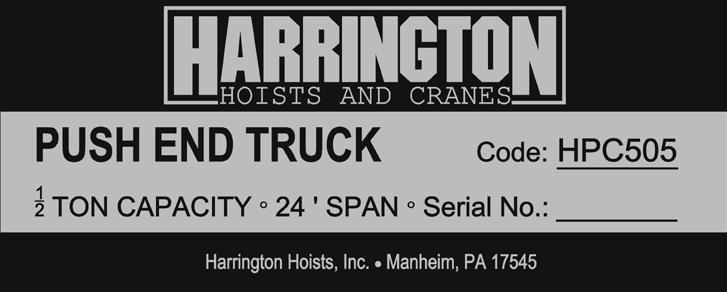 10.0 Parts List When ordering Parts, please provide the Code number located on the end truck nameplate (see Figure 10-1 below). Reminder: Per Sections 1.1 and 3.4.