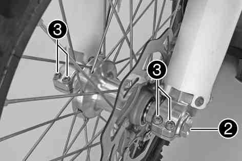 WHEELS, TIRES 66 14.3Removing the rear wheelx 100410-11 Lift the front wheel into the fork, position it, and insert the wheel spindle. Mount and tighten screw. Screw, front wheel spindle M24x1.