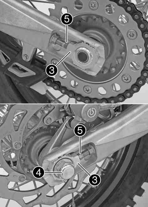 Mount nut but do not tighten it yet. Check the chain tension. ( p. 50) Make sure that chain adjusters are fitted correctly on adjusting screws. Tighten nut. Nut, rear wheel spindle M20x1.