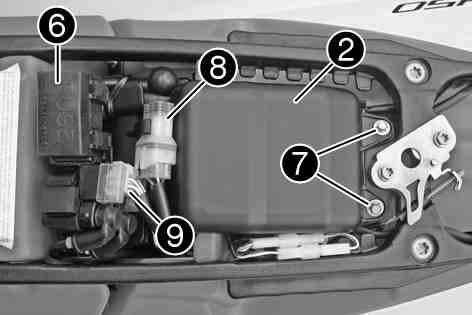 ELECTRICAL SYSTEM 71 Attach fuse box to the battery cover. Mount screws. Attach connector to the battery cover and plug in connector to the starter relay. Mount the seat. ( p. 45) 15.