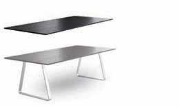 MUTKA System of tables with metal base mat chromed and top in plywood available in several