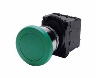 OMPBD7P-E4PX10 plastic pushbutton, extended button, red, momentary operation with one NO contact. OMPBD7M-MM43PX01 metal pushbutton, 40 mm, green, momentary operation with one NC contact.
