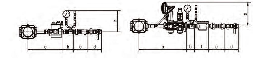 Gas ramps MG10 MG20 MG10 KEV407 3/4 KEV300 1 KEV412 1 1/2 KEV11 1 1/2 Dimension a Compact unit b Pressure gauge/test burner c Compensator d Ball valve d Ball