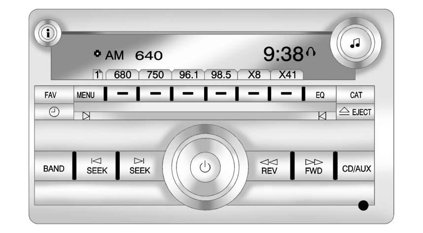 7-4 Infotainment System Radio with CD (MP3) Shown; Radio with USB and CD (MP3) and Radio with CD Similar 4 (Information) (AM-FM Radio and AM-FM Radio with CD): Press to switch the display between the