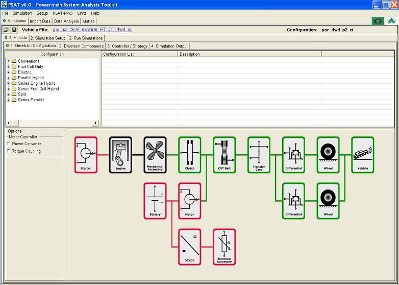 The user-friendly GUI (Figure 2) allows the user to build a vehicle model within a few minutes. First, the user selects the drivetrain configuration.
