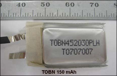 4e. TOBN 150 mah, 4.5 g Li polymer battery (Wh/kg) (W/kg) C-rate Current (A) Voltage Capacity (mah) (W) (mwh) (J) 1 0.03 3.75 89 0.1 434 1562 96 25 3 0.45 3.53 120 1.