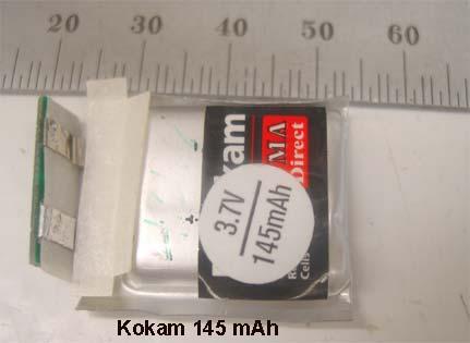 4h. Kokam 145 mah, 4.2 g Li polymer battery (Wh/kg) (W/kg) C-rate Current (A) Voltage Capacity (mah) (W) (mwh) (J) 1 0.13 3.73 123 0.48 459 1652 109 115 5 0.65 3.42 115 2.