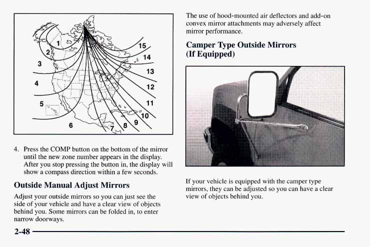 The use of hood-mounted air deflectors and add-on convex mirror attachments may adversely affect mirror performance. Camper Type Outside Mirrors (If Equipped) 4.