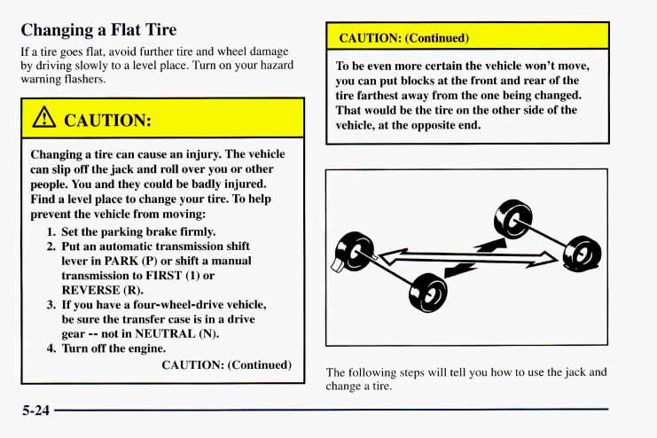 Changing a Flat Tire If a tire goes flat, avoid further tire and wheel damage by driving slowly to a level place. Turn on your hazard warning flashers. I Changing a tire can cause an injury.