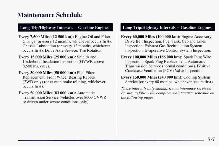 Maintenance Schedule Long Tripmighway Intervals -- Gasoline Engines I Every 7,500 Miles (12 500 km): Engine Oil and Filter Change (or every 12 months, whichever occurs first).