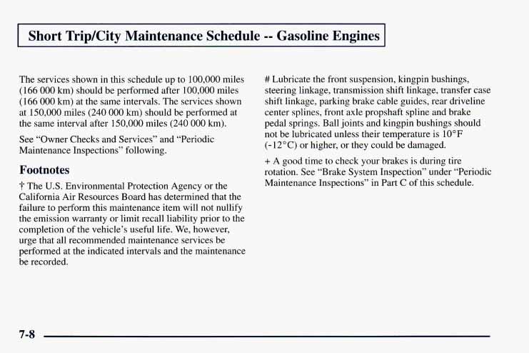 I Short TriplCity Maintenance Schedule -- Gasoline Engines I The services shown in this schedule up to 100,000 miles (166 000 km) should be performed after 100,000 miles (166 000 km) at the same