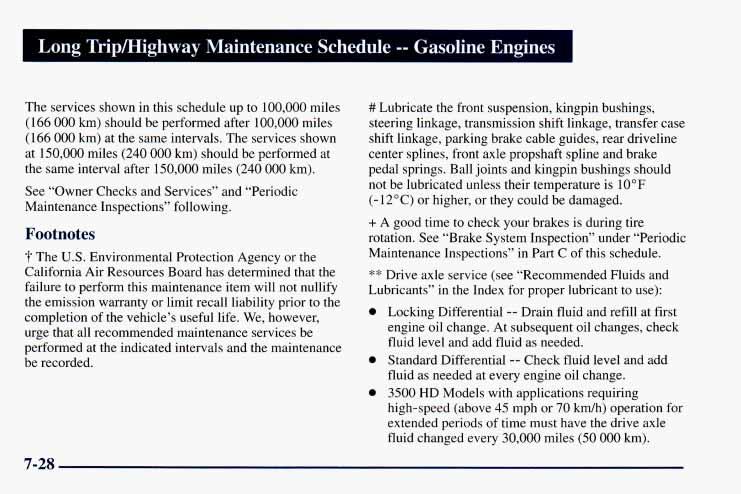 Long Trip/Highway Maintenance Schedule -- Gasoline Engines The services shown in this schedule up to 100,000 miles (166 000 km) should be performed after 100,000 miles (166 000 km) at the same