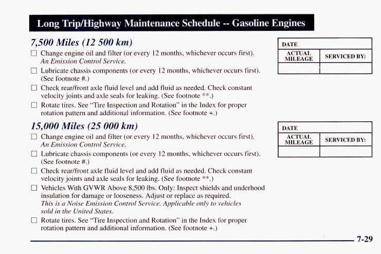 Long Tripmighway Maintenance Schedule -- Gasoline Engines I 7,500 Miles (I2 500 km) 0 Change engine oil and filter (or every 12 months, whichever occurs first). An Emission Control Service.