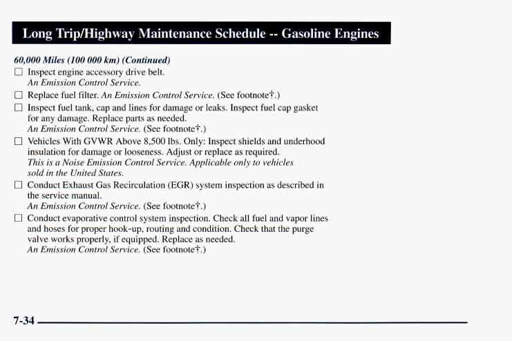 Long Tripmighway Maintenance Schedule -- Gasoline Engines 60,000 Miles (100 000 km) (Continued) 0 Inspect engine accessory drive belt. An Emission Control Service. Replace fuel filter.