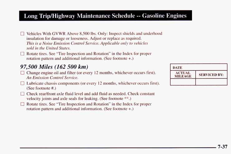 Long Tripmighway Maintenance Schedule -- Gasoline Engines 0 Vehicles With GVWR Above 8,500 Ibs. Only: Inspect shields and underhood insulation for damage or looseness. Adjust or replace as required.