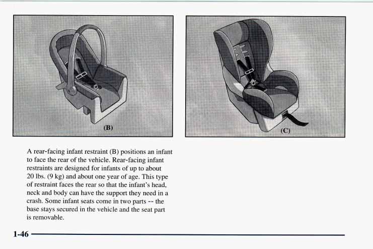 1-46 A rear-facing infant restraint (B) positions an infant to face the rear of the vehicle. Rear-facing infant restraints are designed for infants of up to about 20 lbs.