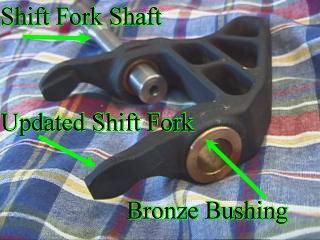 Figure 1 Factory G50 update and old Shift Fork Shaft What is the difference between the factory update kit (915-G50-KIT) and the Bronze bushing G50 kit?