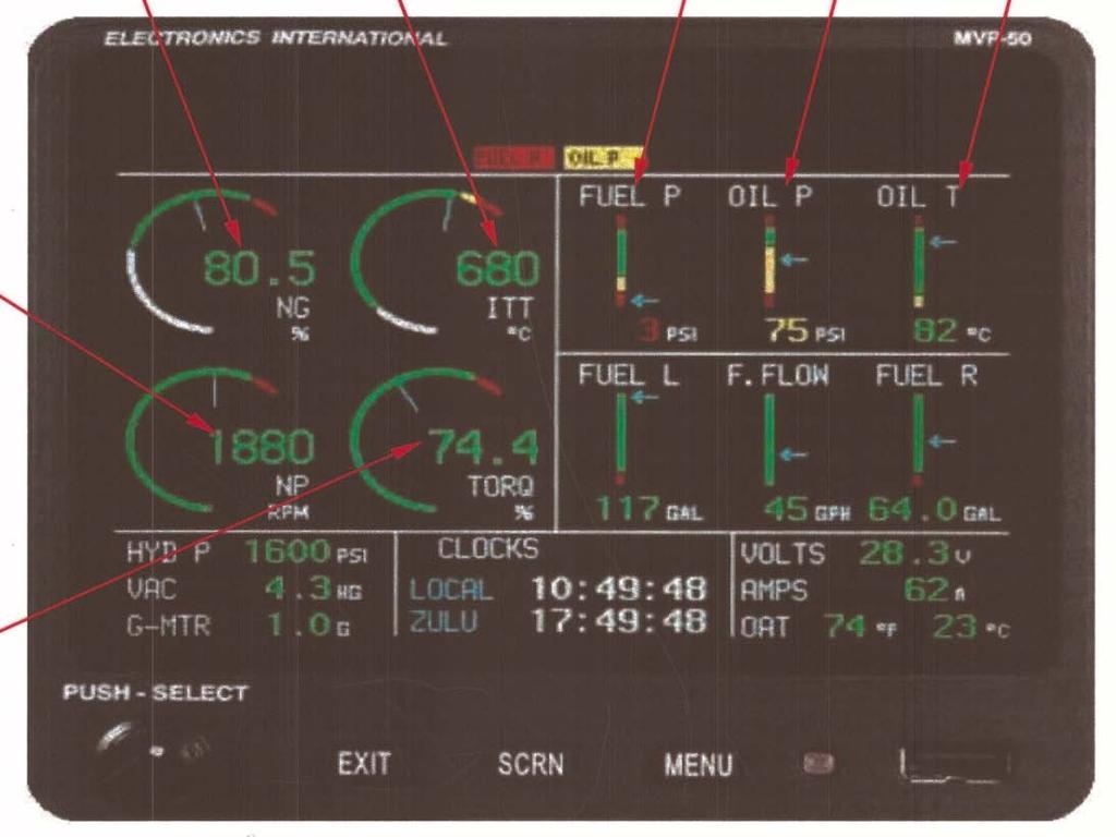 2.2. MVP-50T GLASS PANEL ENGINE MONITORING SYSTEM PROCEDURES MVP-50T MAIN SCREEN The MVP-50T Main Engine Screen displays the primary engine and aircraft instruments, but not flight instruments.