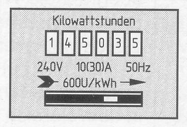 The electric meter counts the consumed work-unit (kilowatt-hour = kwh) Checkmark on the wheel When the wheel is spinning, the checkmark hikes from left to right kwh means: k kilo multiplied by