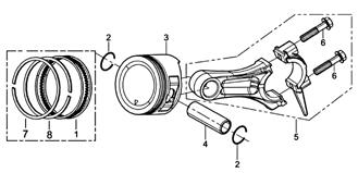 EXPLODED VIEW AND PARTS LIST Fig. 5 - Piston Ring/Connecting Rod Fig. 5-1, 7, 8 P54105 Piston Ring Assembly 1 Fig. 5-2 P54106 Piston Pin Clip 2 Fig. 5-3 P54109 Piston 1 Fig.