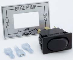 Bilge Pump Switches Panel-mounted rocker switches for use with pump that draws 10-amps or less. 1 /4" spade terminals. 6-Volt through 2-Volt D.C. only, 10-amps maximum. Plate is 2 1 /16" x 1 7 /8".