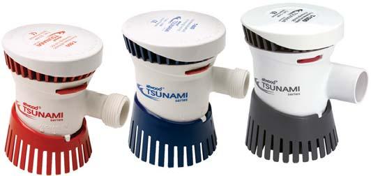 TSUNAMI BILGE PUMPS OUTPUT & PERFORMANCE NO BRACKETS REQUIRED COOLER-RUNNING MOTORS, PREMIUM MATERIALS, WATERTIGHT SEALS AND WATERPROOF WIRING ONE-HAND ACCESS CARTRIDGES ARE REPLACEABLE AND