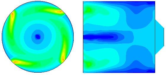 Fig. 7 shows the distribution of methane mass fraction through the combustion chamber. The upper figure is the x=3mm section and the lower figure represents the cross sections (z=0) of the thruster.