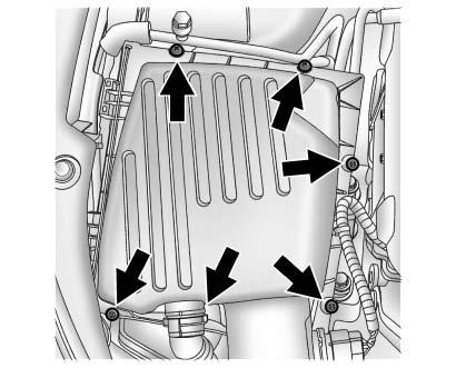10-14 Vehicle Care To inspect or replace the engine air cleaner/filter: 2.4L L4 Engine 1. Remove the six screws on top of the engine air cleaner/filter housing. 2. Lift the filter cover housing away from the engine air cleaner/filter housing.