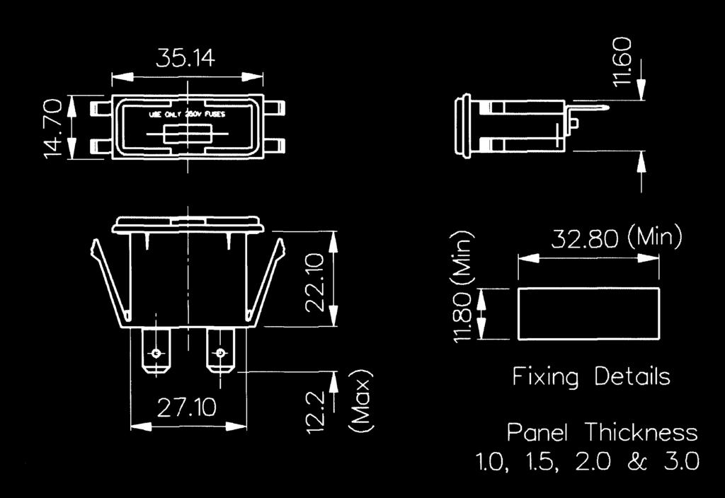 0mm Captive Drawer 10A, 250V (16A, 250V UL) PC spills FX0430/Termination Captive Drawer FX0430/PC Captive Drawer Body/Drawer: Nut: Approvals: Accessories: Note: /28 (2.8mm solder), /48 (4.