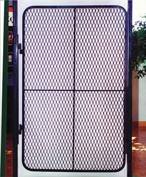 Steel-framed pre-hung screen with steel bars on top, crosshatch mesh,