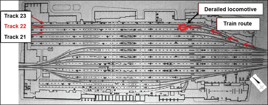 - 3 - the train stopped, the crew determined that the lead locomotive (AMT 1352) and the first coach (AMT 3000) had derailed and had come to rest against the concrete boarding platform that was on