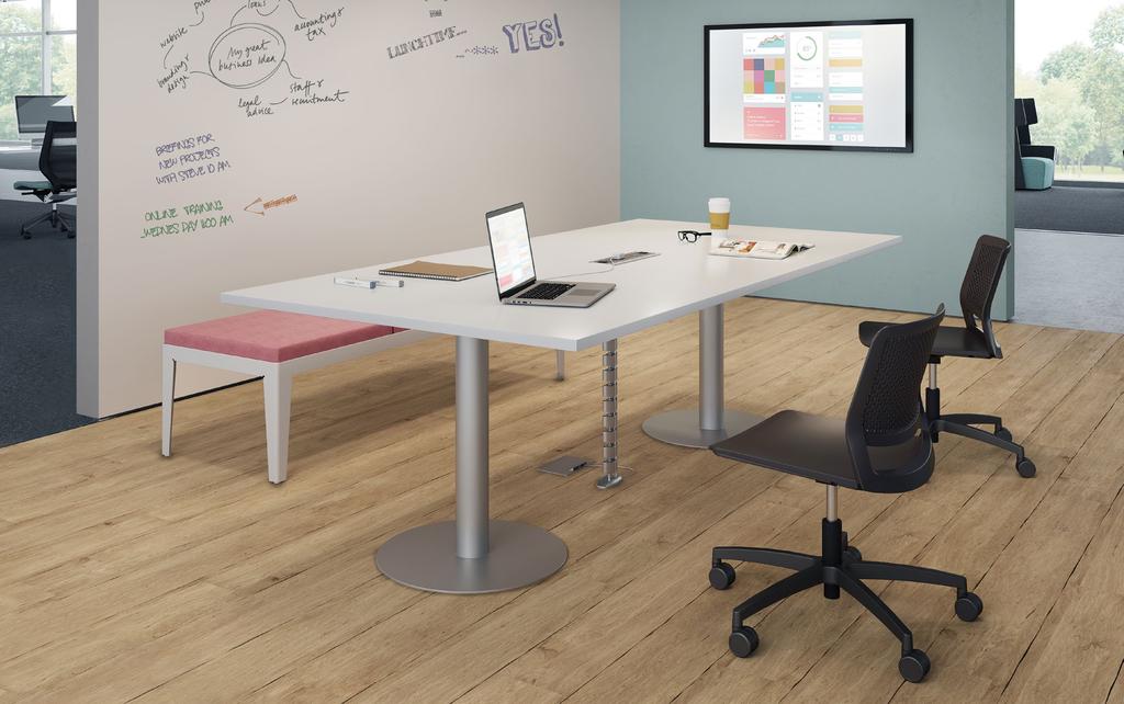 84 9 Spaces where people want to gather Simple, clean conference tables with your choice of seating can create large, small, formal, or impromptu meeting spaces where people want to