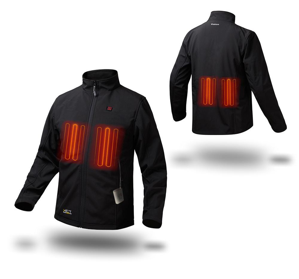 7V QUAD-ZONE HEATED CLOTHING Waterproof integrated 3 temp controller Wind-resistant Heat your core Micro-alloy heat panels Micro-fleece cuff Venture Heat rechargable lithium-ion